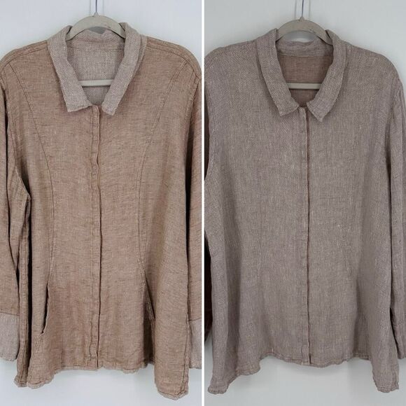 FLAX Reversible Jacket 100% Linen Snap Front Natural Tan Pockets Women’s Size L - Picture 1 of 12